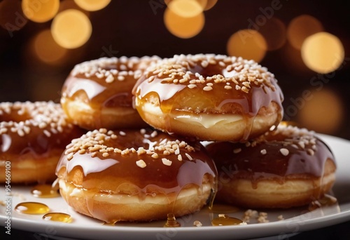 A stack of honey glazed donuts with a glossy caramel coating, adorned with crunchy toppings, inviting you to indulge in a sweet treat. These donuts are ideal for any dessert lover. Generative AI.