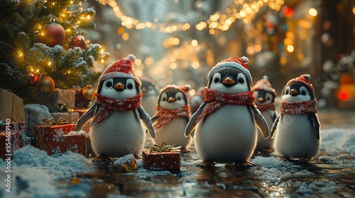 A charming illustration of a penguin family gathered around a Christmas tree, wearing festive hats and scarves. photo