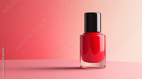 Red nail polish bottle on pink background.