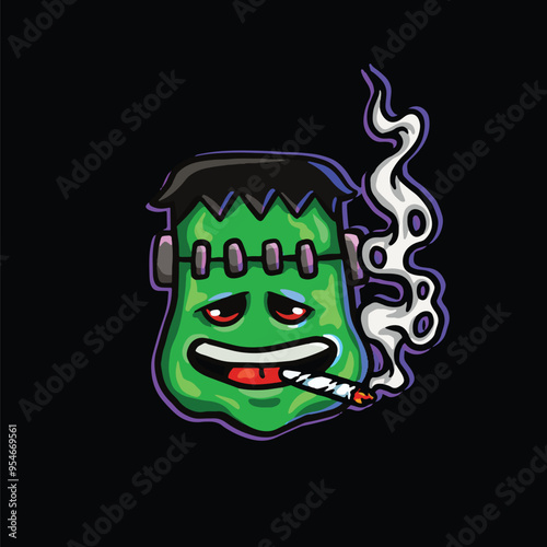 weed smoking character cartoon mascot logo leaf face happy with holding blunt