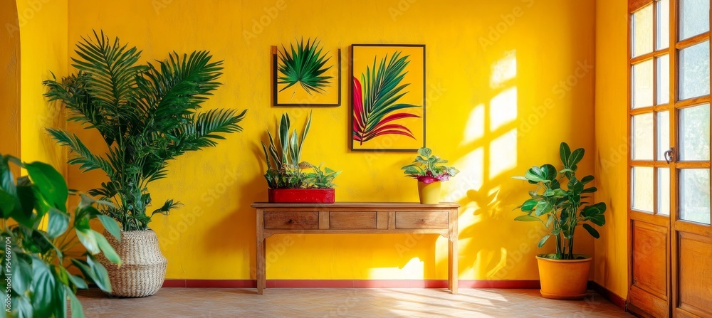 Stylish yellow interior design with green plants on wooden table and floor in daylight near door