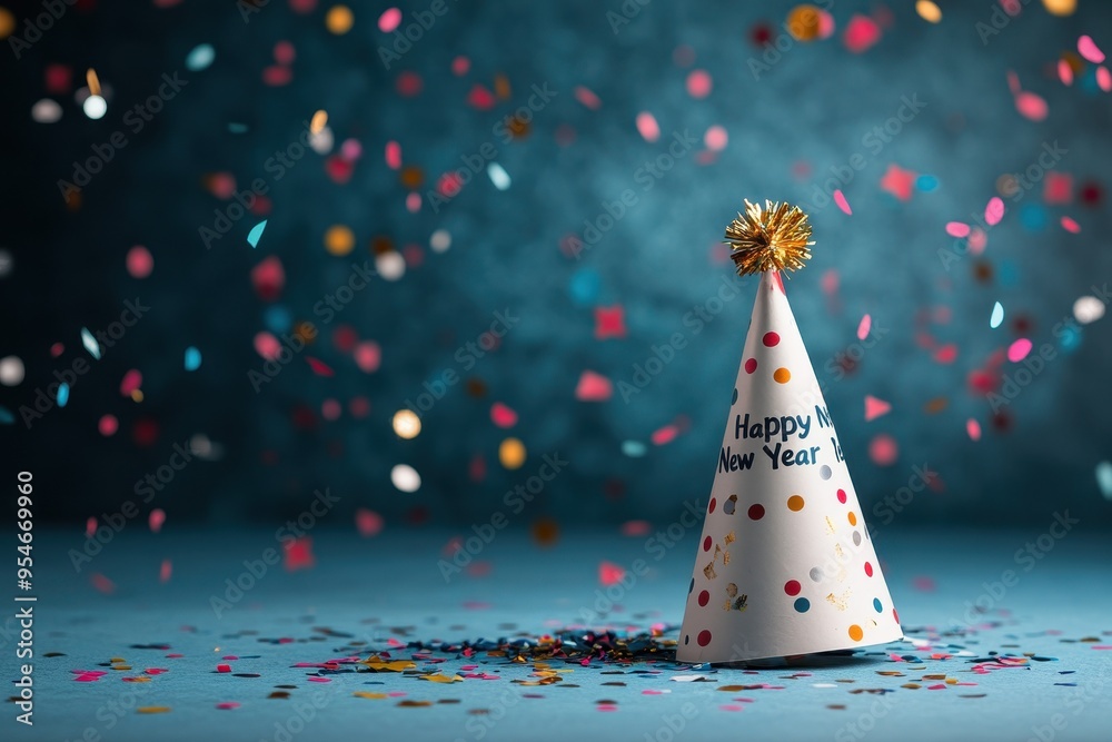Party Hats and Confetti Collage: Images of colorful party hats, confetti falling in the background. The text Party Hats and Confetti Collage: Images of colorful party hats, confetti falling in the background. The text