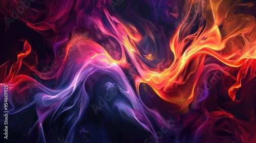 Abstract swirling colors in vibrant hues of orange, purple, and blue create a dynamic and energetic visual effect.