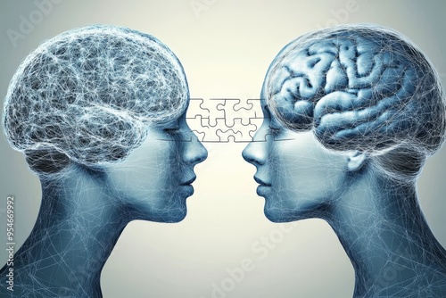 Attention Coordinated Conceptual imagery of two heads facing each other with connected brains symbolizing mutual understanding and the cognitive bridge between individuals