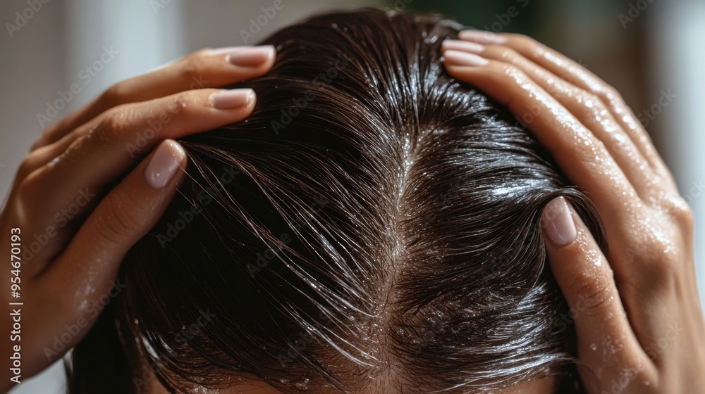 Naklejka premium A close-up shot of a woman's head with hands holding her hair, highlighting issues like damaged and oily hair. Hair treatment concept. Copy space.