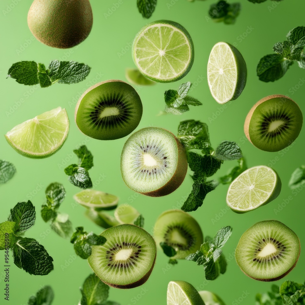 Flying fresh raw whole and sliced kiwi, lime and mint leaves on green background. Falling fruits Flying fresh raw whole and sliced kiwi, lime and mint leaves on green background. Falling fruits
