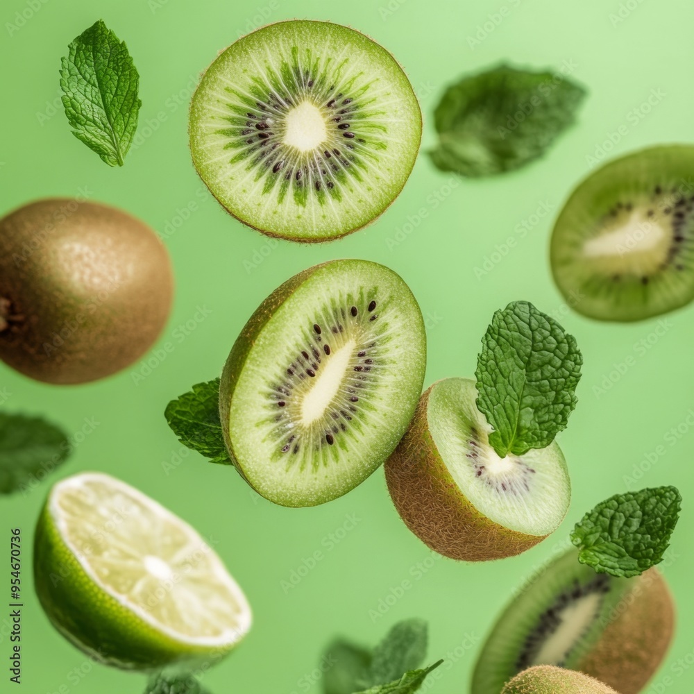 Fototapeta premium Flying fresh raw whole and sliced kiwi, lime and mint leaves on green background. Falling fruits