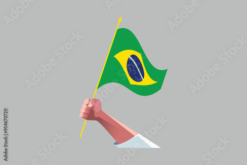 A hand holding an Brazil flag, Brazilian National Flag, EPS Vector Illustration, Flag of the Federative Republic of Brazil, Illustration of the Brazil flag
