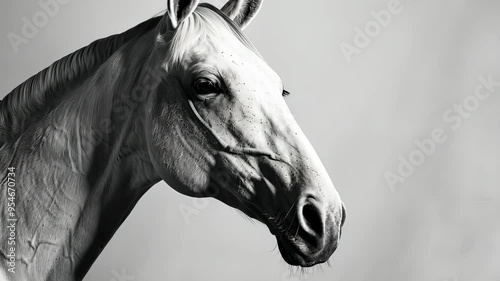 Portrait of a white horse against a gray background, detailed and expressive. Equestrian beauty and grace concept photo