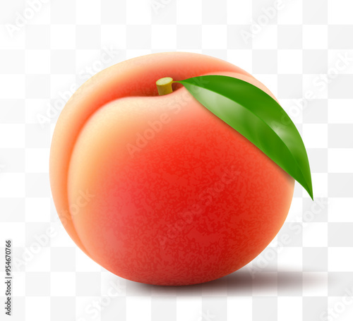 Ripe juicy peach isolated on transparent background. Delicious sweet fruit. Realistic 3d vector illustration. Summer design. Concept of healthy food, vegetarian dieting