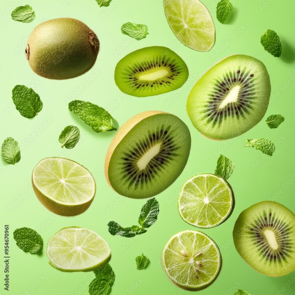 Flying fresh raw whole and sliced kiwi, lime and mint leaves on green background. Falling fruits