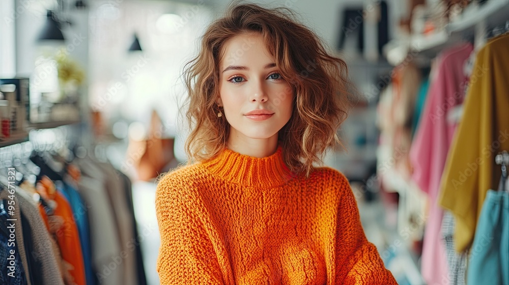 Woman in an Orange Sweater in a Clothing Store: Fashionable Woman Wearing an Orange Sweater Inside a Trendy Clothing Store, Ideal for Retail and Fashion Themes Woman in an Orange Sweater in a Clothing Store: Fashionable Woman Wearing an Orange Sweater Inside a Trendy Clothing Store, Ideal for Retail and Fashion Themes