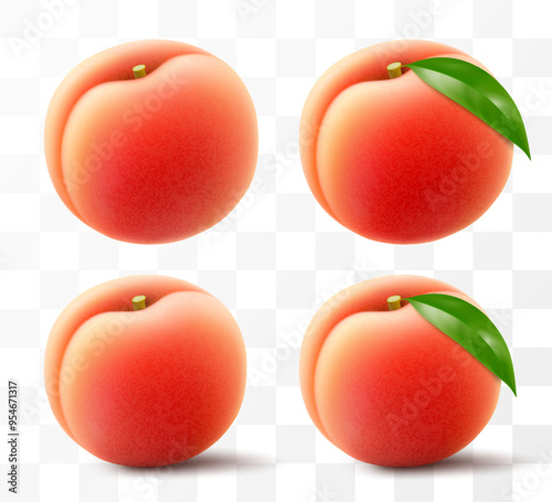 Ripe juicy peach isolated on transparent background. Delicious sweet fruit. Realistic 3d vector illustration. Summer design. Concept of healthy food, vegetarian dieting