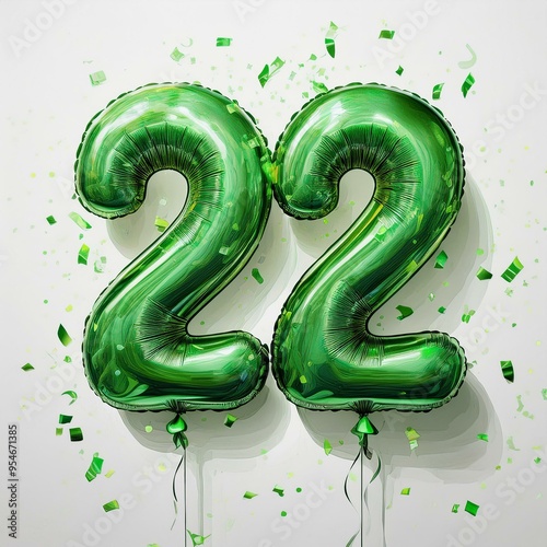 Green birthday / anniversary balloon, number 22, white background with confetti photo