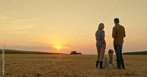 Принти на полотні A farmer couple chats in a field at sunset, with their dog beside them and a combine harvester working in the distance