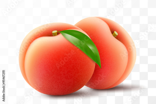 Ripe juicy peach isolated on transparent background. Delicious sweet fruit. Realistic 3d vector illustration. Summer design. Concept of healthy food, vegetarian dieting