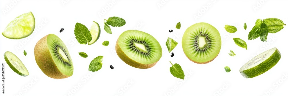Flying fresh raw whole and sliced kiwi, lime and mint leaves on white background. Falling fruits Flying fresh raw whole and sliced kiwi, lime and mint leaves on white background. Falling fruits