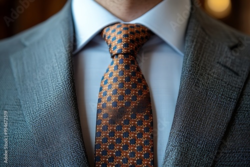 A close-up of a man's tie and suit, showcasing formal attire and style.