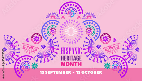 National hispanic heritage month banner with latin geometrical patterns, mexican flowers, guitar, bright colored decor	
