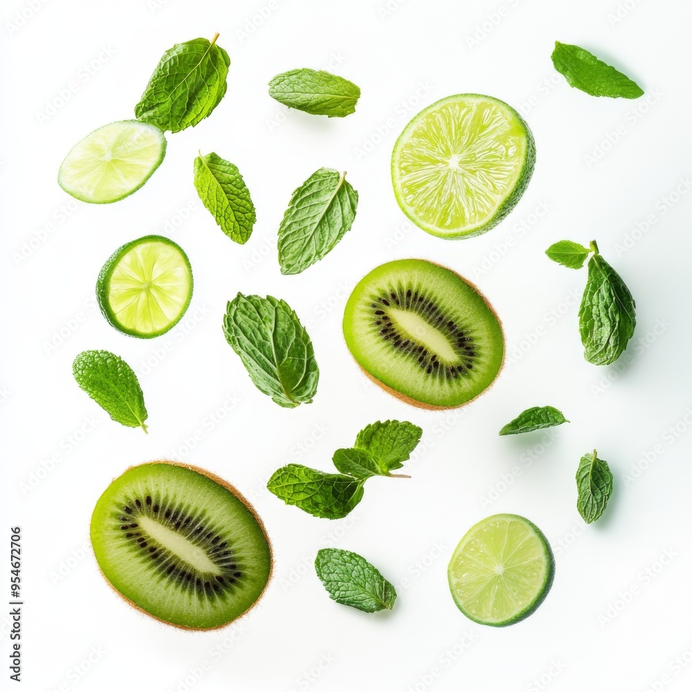 Flying fresh raw whole and sliced kiwi, lime and mint leaves on white background. Falling fruits