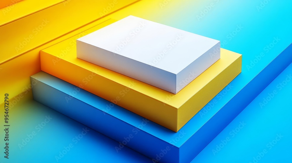 Minimalist product display with white box on yellow and blue podiums. Minimalist product display with white box on yellow and blue podiums.