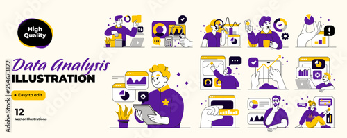 Marketing strategy, targeting, business communication concept. Ideas, data analysis, digital content, project research, ad campaign set. Flat graphic vector illustrations