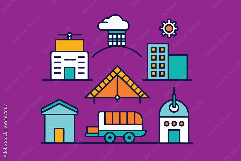 Urban infrastructure illustration collection colorful on purple background. big set colorful illustration. Urban infrastructure bold and solid line. Vector graphics Urban infrastructure illustration collection colorful on purple background. big set colorful illustration. Urban infrastructure bold and solid line. Vector graphics