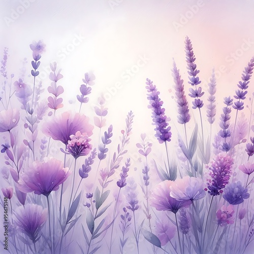 A painting of a field of purple flowers with a light blue background. The flowers are in full bloom and the sky is clear and bright. The mood of the painting is peaceful and serene