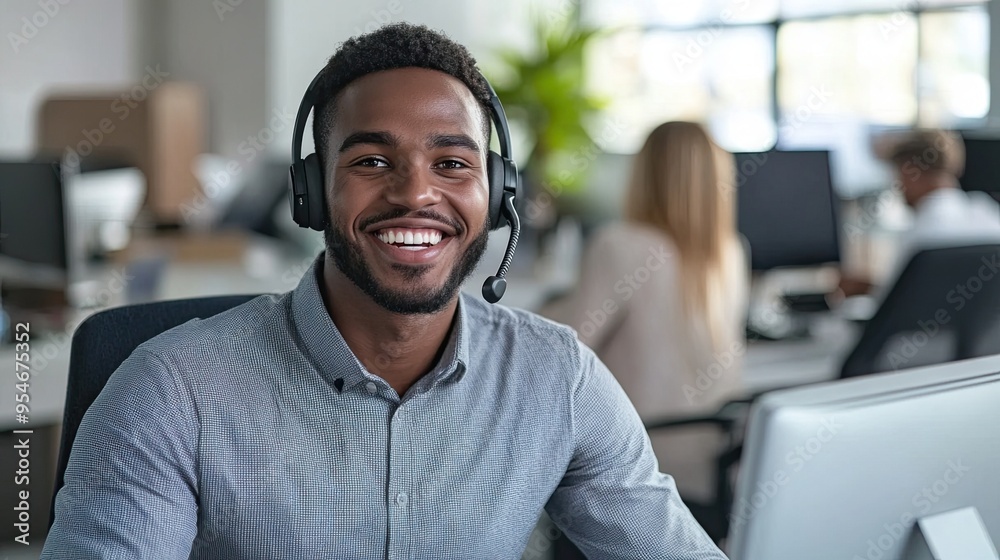 Young businessman using a headset in a modern office, demonstrating active engagement in customer support activities Young businessman using a headset in a modern office, demonstrating active engagement in customer support activities