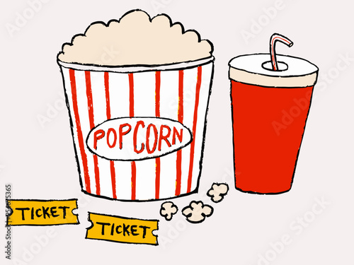 hand drawn illustration of popcorn and soda, movie tickets