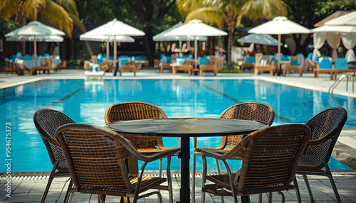 Many chairs and table near outdoors swimming pool at resort