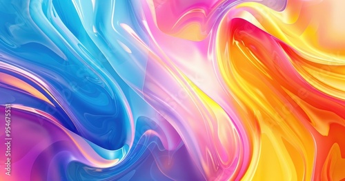 A vibrant abstract design featuring flowing colors of blue, pink, yellow, and orange, creating a dynamic and energetic visual.