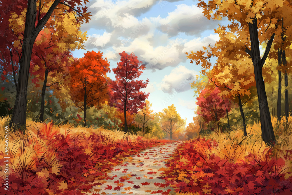 Naklejka premium A serene autumn landscape featuring vibrant fall foliage, a winding path, and a colorful sky with scattered clouds.
