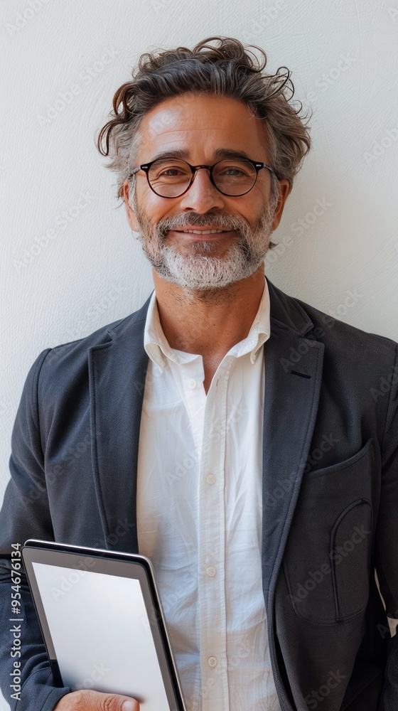 A male university professor with a warm smile, holding a tablet in both hands, standing confidently against a white background, representing the integration of technology in modern education. A male university professor with a warm smile, holding a tablet in both hands, standing confidently against a white background, representing the integration of technology in modern education.