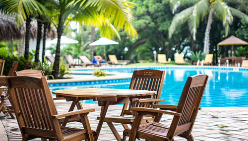 Many chairs and table near outdoors swimming pool at resort