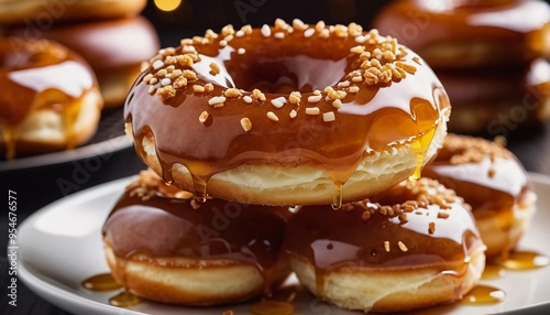 A stack of honey glazed donuts with a glossy caramel coating, adorned with crunchy toppings, inviting you to indulge in a sweet treat. These donuts are ideal for any dessert lover. Generative AI