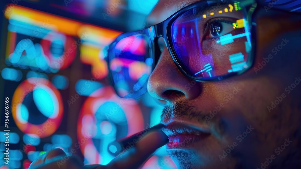 A researcher adjusts his glasses while examining information on a computer screen.