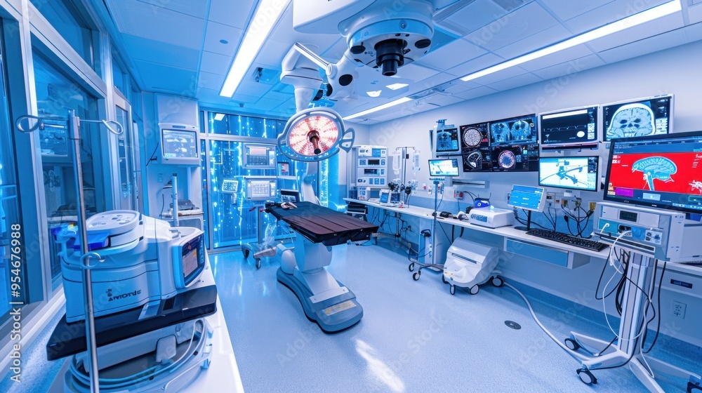 A modern robotic operating room controlled by a surgeon. A modern robotic operating room controlled by a surgeon.