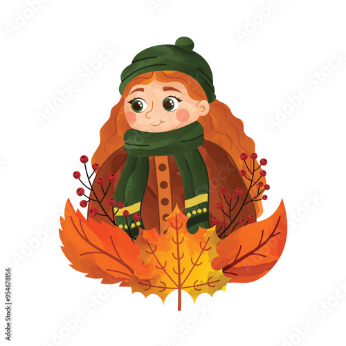 Pretty redheaded autumn girl in warm clothes with botanical elements in watercolor style. Autumn cozy character or mascot. Vector illustration isolated on white background.