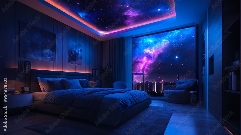 Stellar themed retreat with a cosmic mural and glowing stars on the ceiling Stellar themed retreat with a cosmic mural and glowing stars on the ceiling