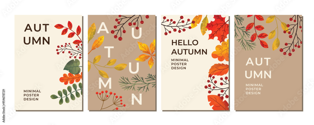 Hello Autumn greeting cards collection. Fall warm posters set with cozy forest botanical elements. Watercolor vector illustration.
