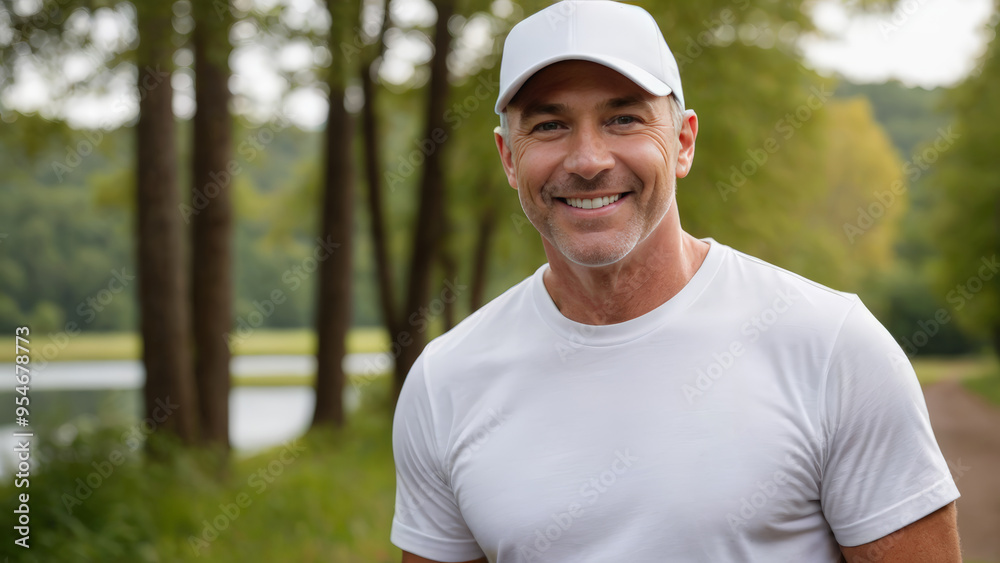 Man wearing white t-shirt and white baseball cap standing in nature Man wearing white t-shirt and white baseball cap standing in nature