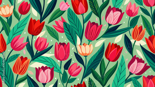 Seamless florals pattern background with red and pink cute tulip