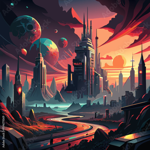 A futuristic cityscape with a post apocalyptic and dark tone.