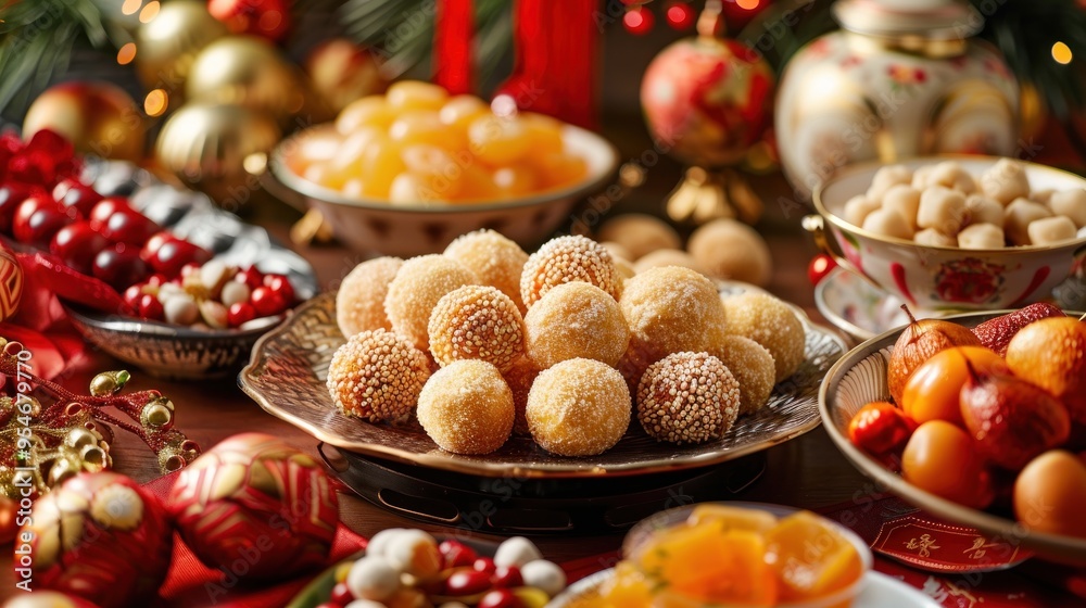 a table set with traditional Chinese New Year sweets like sesame balls, almond cookies, and candied fruits, with red and gold decorations creating a festive atmosphere. a table set with traditional Chinese New Year sweets like sesame balls, almond cookies, and candied fruits, with red and gold decorations creating a festive atmosphere.