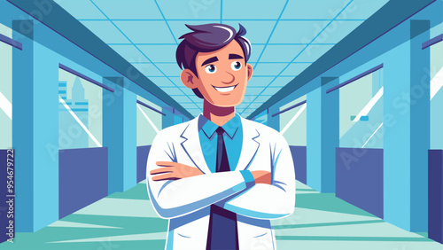 Portrait of smiling male doctor standing with arms crossed in hospital corridor