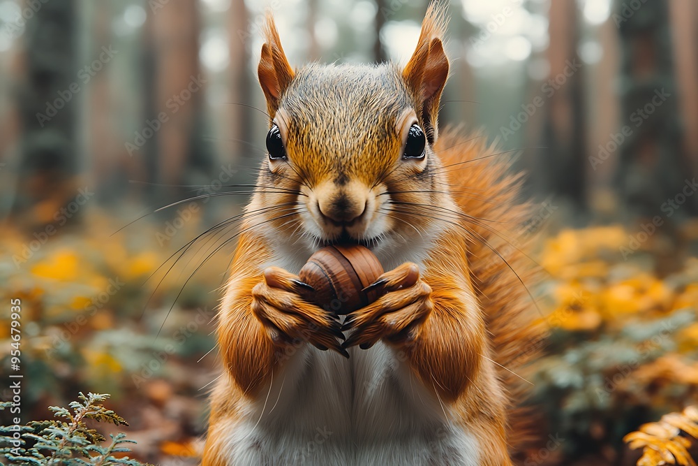 A close-up of a squirrel holding an acorn in a forest setting. A close-up of a squirrel holding an acorn in a forest setting.