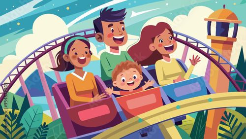 Mother and two children riding a rollercoaster at an amusement park or state fair, experiencing excitement, joy, laughter, and summer fun, generative ai