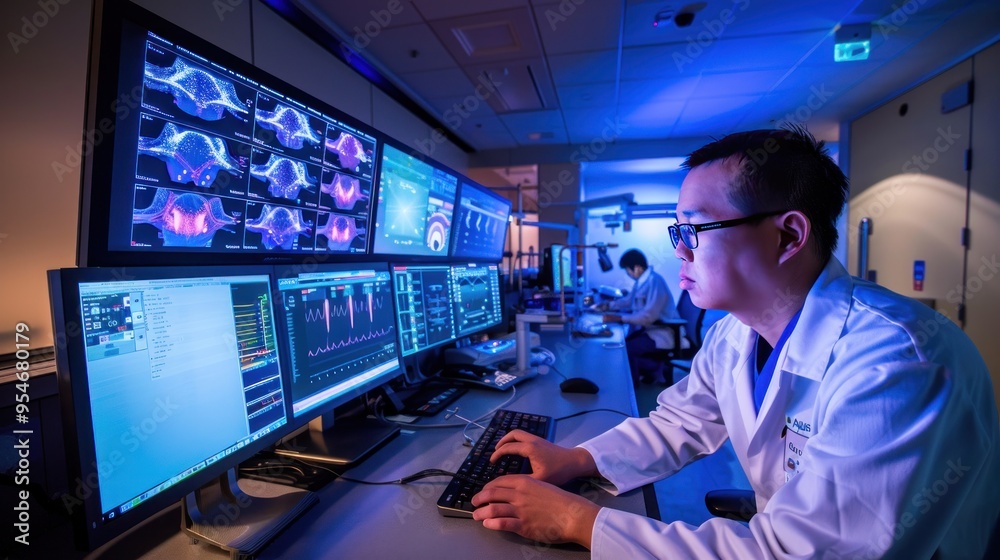 The surgeon looks at a digital display that shows real-time, 3D images of the patient. The surgeon looks at a digital display that shows real-time, 3D images of the patient.