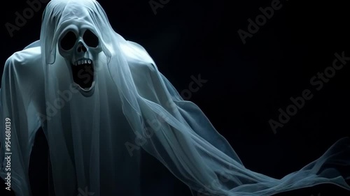 halloween ghost scary haunting floating specter eerie evil spooky skull supernatural phenomenon dark background horror theme dramatic lighting video